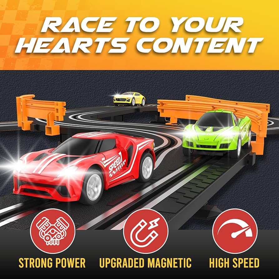Amazon | スロットカーレーストラックセット、高速車4台付き